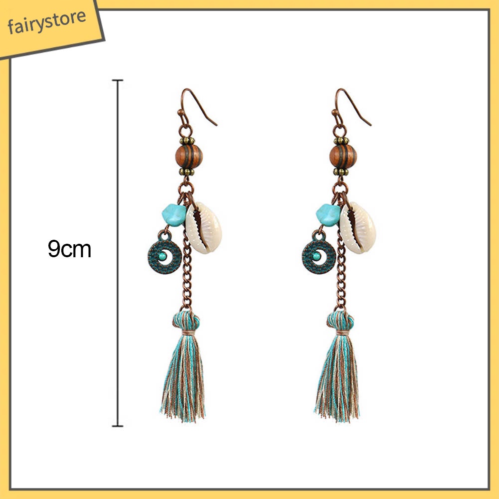 Khuyên tai tua rua kiểu dài đính vỏ sò phong cách Bohemian thời trang