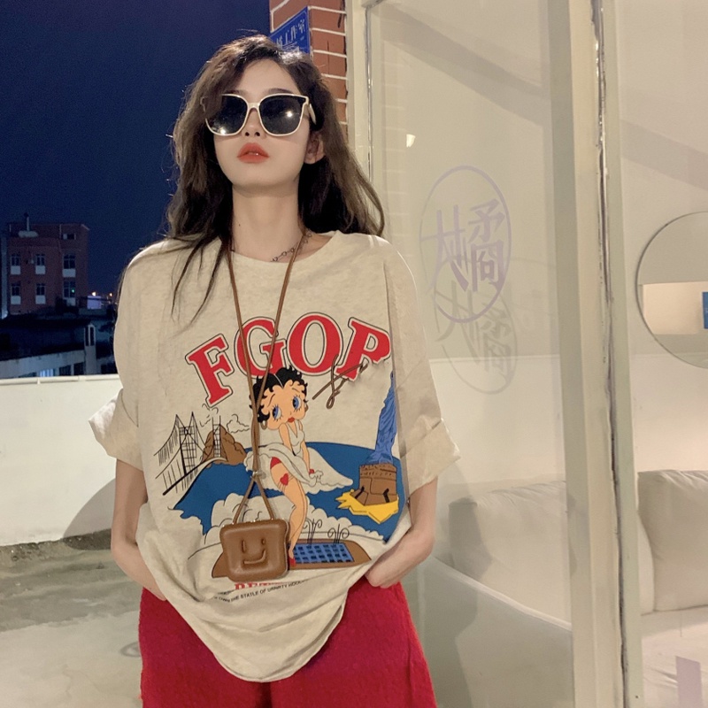 NRVP Áo Thun Nữ Dáng Dài Rộng Tay Ngắn Phong Cách Thời Trang Đường Phố Hàn Quốc