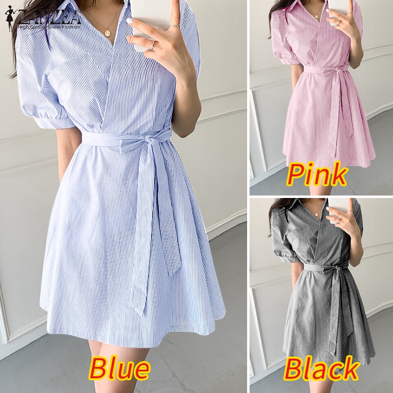 Zanzea Đầm Sơ Mi Tay Ngắn Họa Tiết Sọc Thời Trang Phong Cách Hàn Quốc Cho Nữ