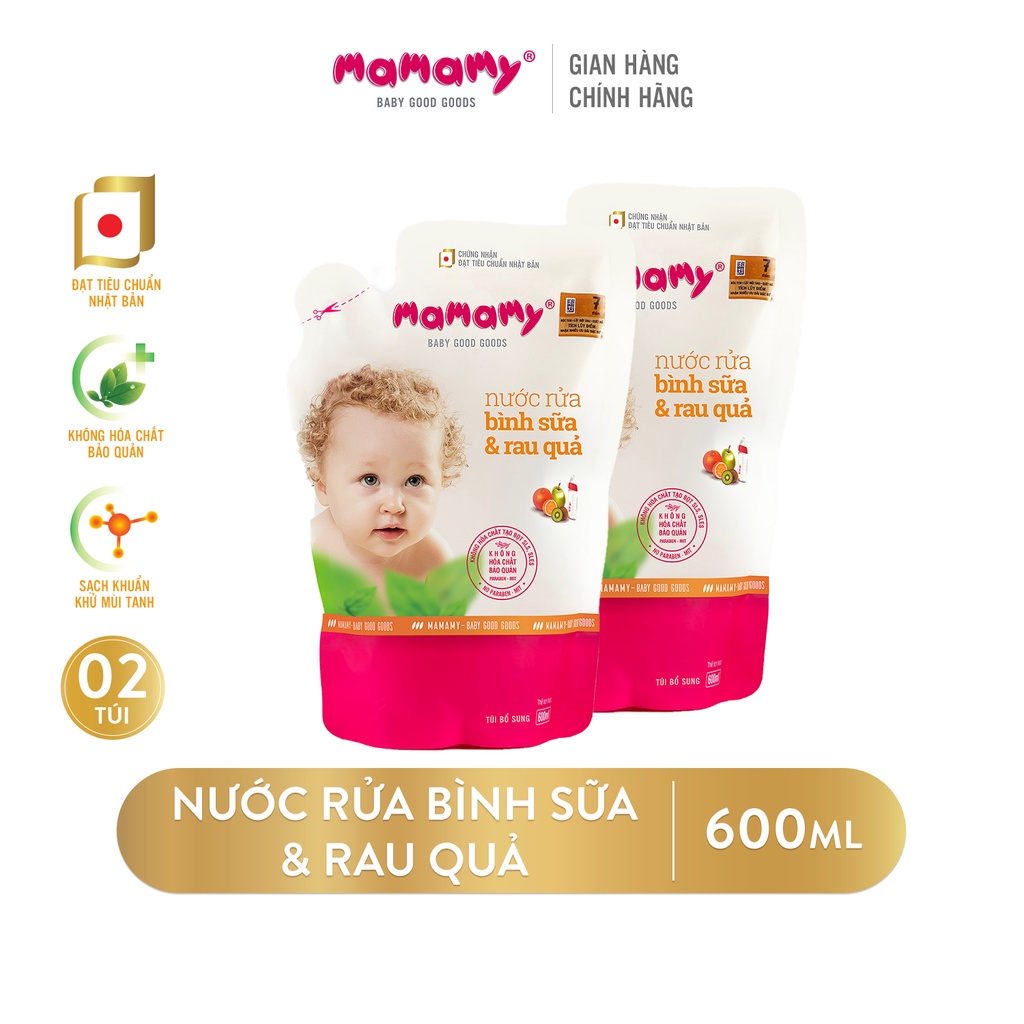 Combo 2 Túi Nước rửa bình sữa và rau quả lành tính, đạt tiêu chuẩn Nhật Bản Mamamy an toàn cho cả trẻ sơ sinh 600ml