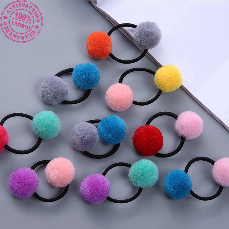 Dây Buộc Tóc Co Giãn Gắn Quả Cầu Lông Xù Đáng Yêu Cho Bé Gái