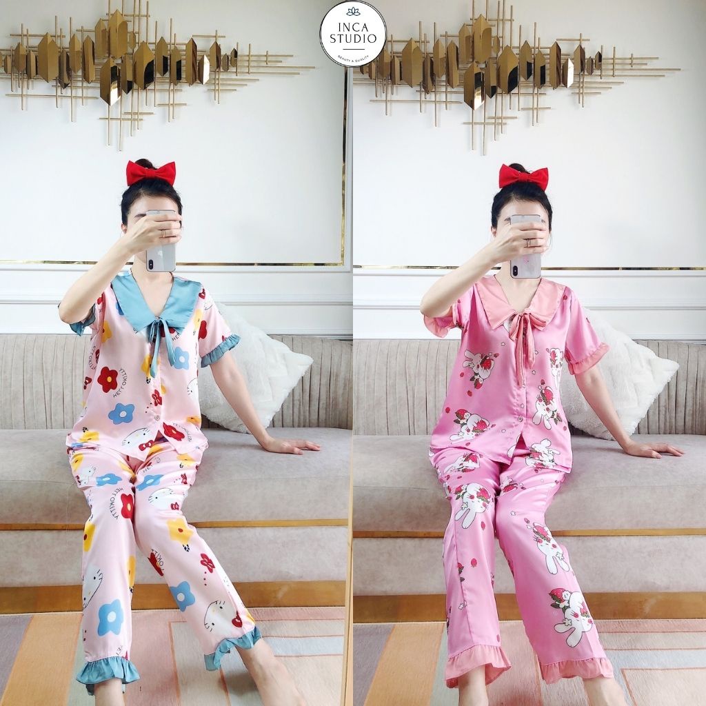 (Xả khoLoại 1-Có Size) Đồ ngủ Pyjama lụa Satin cộc dài họa tiết INCA 14- Chất Lụa thoáng mát, Họa tiết siêu xinh