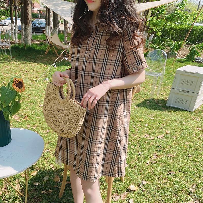 Váy cotton nữ mùa hè nhỏ phong cách hàn quốc mùa hè giản dị đi làm tính khí váy sơ mi kẻ sọc mỏng