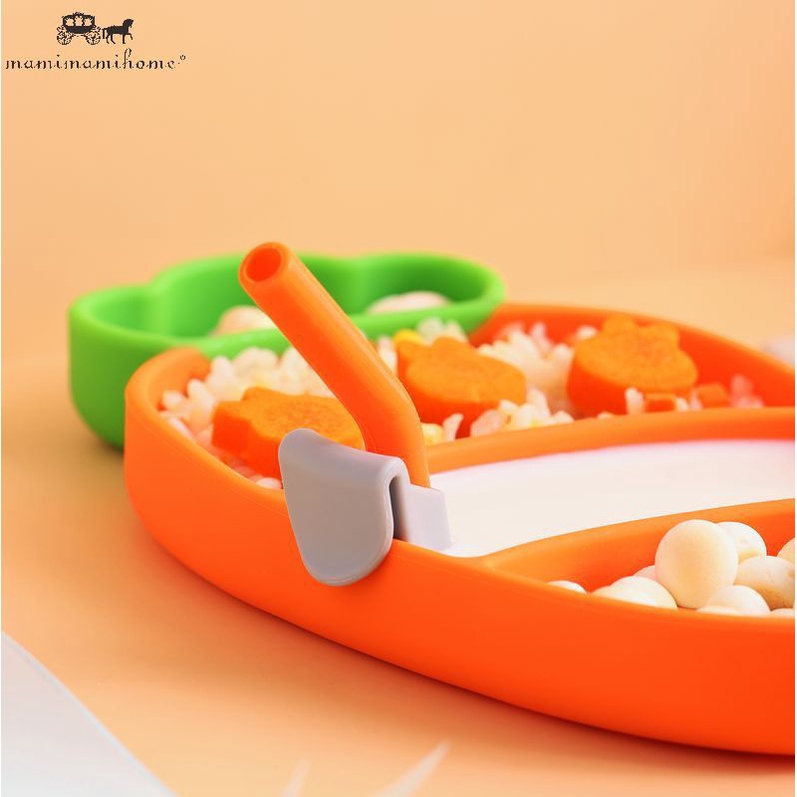 Bộ muỗng nĩa ống hút và đĩa ăn Mamimamihome silicon thiết kế kiểu cà rốt không chứa BPA dành cho trẻ em