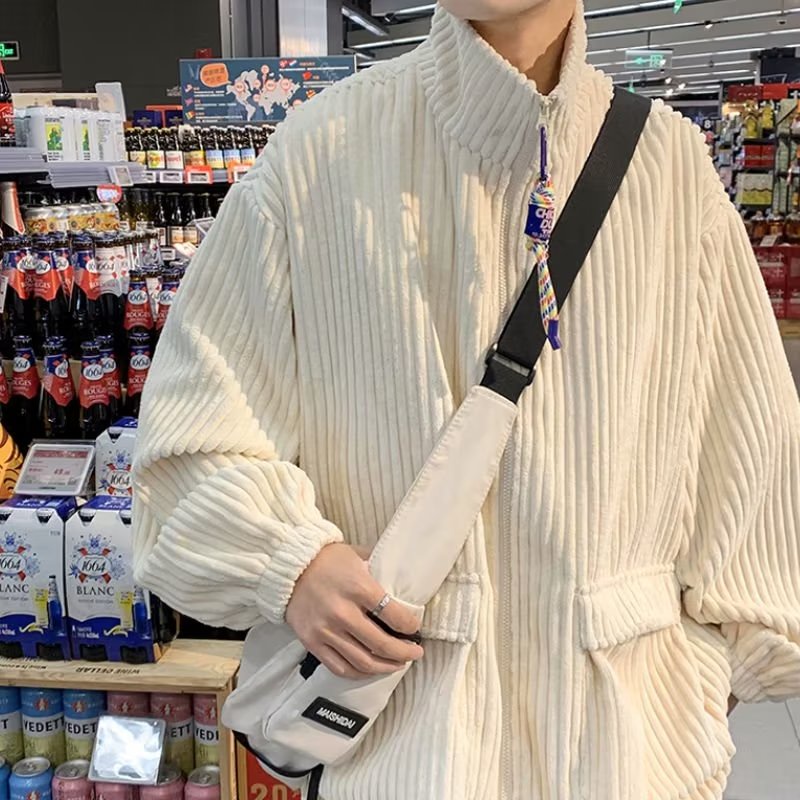 Áo Khoác Cổ Đứng Nhiều Túi Màu Trơn Phối Khóa Kéo Phong Cách Đường Phố Hàn Quốc Cá Tính Cho Nam