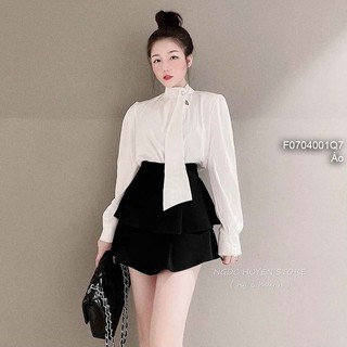 Áo sơ mi lụa cổ khoét giọt nước phối dải bèo tay dài!
