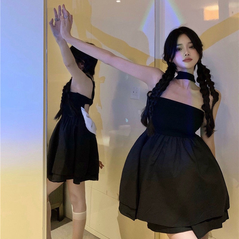 UIOWOO  Đầm Hai Dây Phối Nơ Màu Sắc Tương Phản Quyến Rũ Cho Nữ Xu hướng rắn màu sexy hở lưng đầm