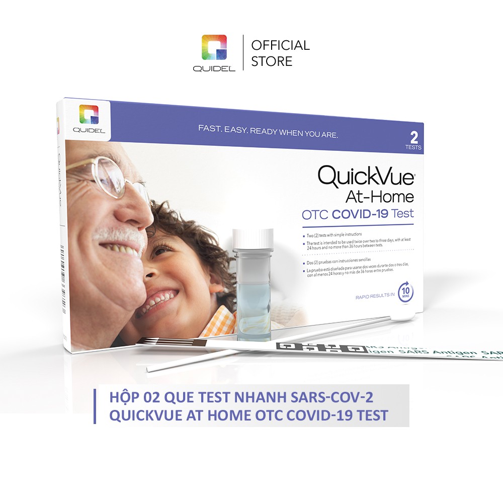 QuickVue Covid-19 Test nhanh tại nhà - Hộp 2 kit (lấy mẫu mũi chỉ 1.5 - 2cm không gây đau) - Hàng Mỹ chính hãng