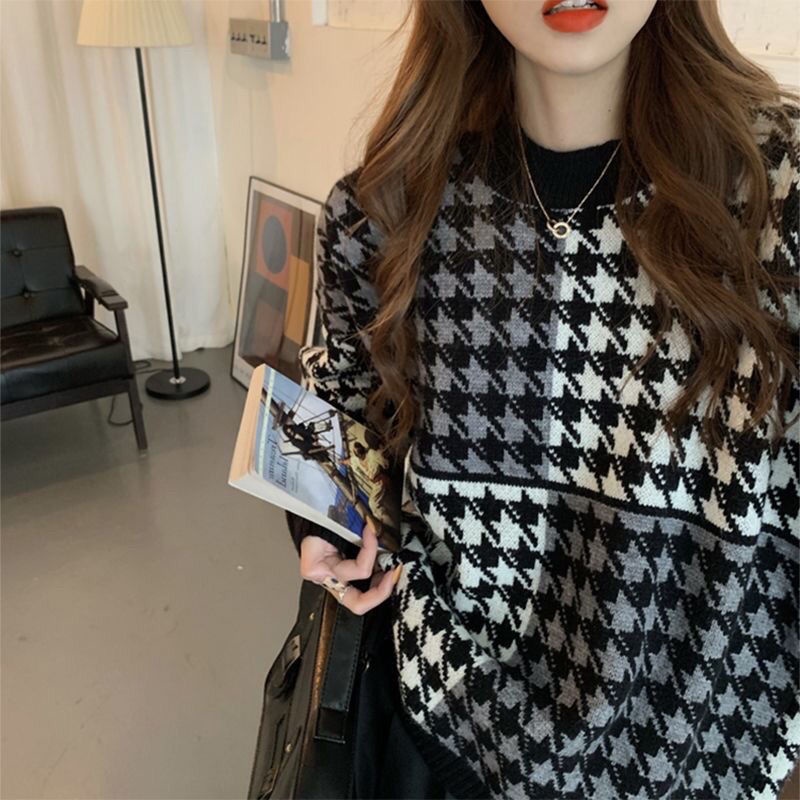 Áo sweater dệt kim dáng rộng họa tiết sọc caro thời trang Hàn Quốc