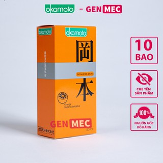 Bao cao su Siêu Mỏng Okamoto Orange Super Lubricative Skinless Nhiều GeL Bôi Trơn - BCS Okamoto Hộp 10 bao -Genme