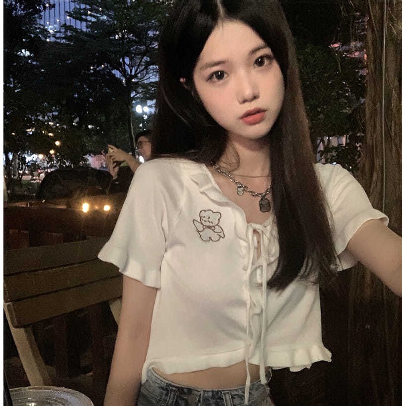 Áo croptop dệt kim thiết kế tay ngắn gợi cảm