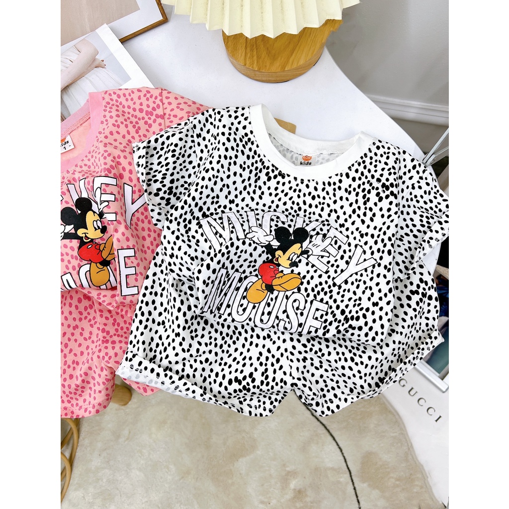 Bộ quần áo cộc tay chất cotton 4c hình beo in hình mickey size 8-32kg cho bé gái