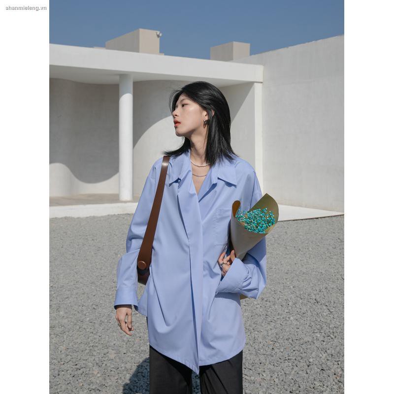 Áo Sơ Mi Dáng Rộng Màu Trắng / Xanh Dương Phong Cách Cổ Điển Thời Trang Mùa Hè Mới Dành Cho Bạn Nữ 2021
