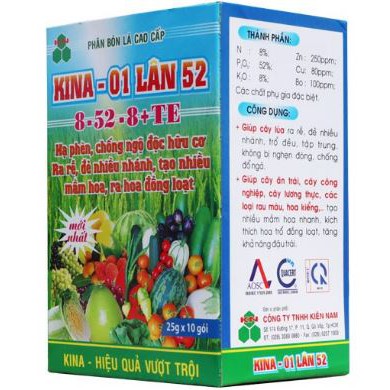 KINA-01 LÂN 52 8-52-8+TE Siêu hạ phèn, chống ngộ độ hữu cơ cho cây trồng gói 25g