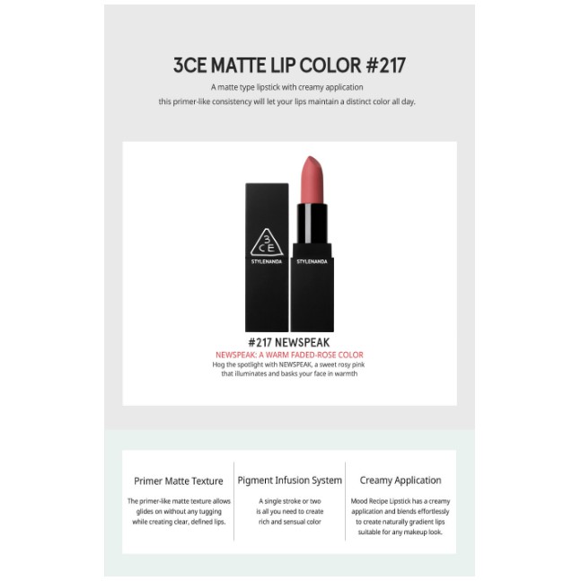 Son thỏi lì 3CE Lip Color Matte #217 NEWSPEAK