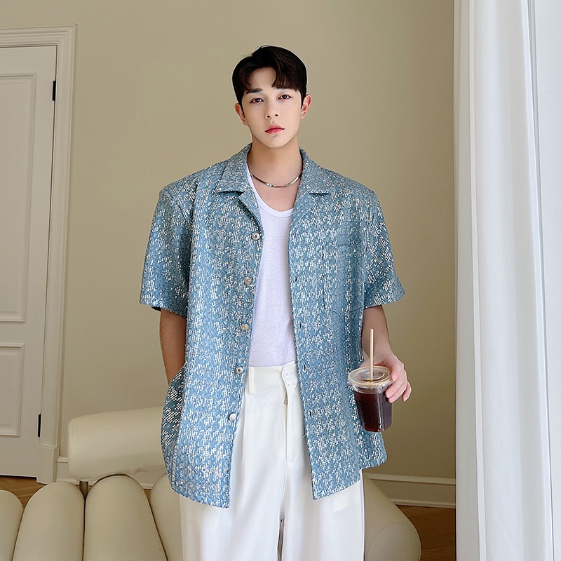 Áo Sơ Mi Denim Tay Ngắn Đính Kim Sa Lấp Lánh Phong Cách Phương Tây Thời Trang Mùa Hè Cho Nam