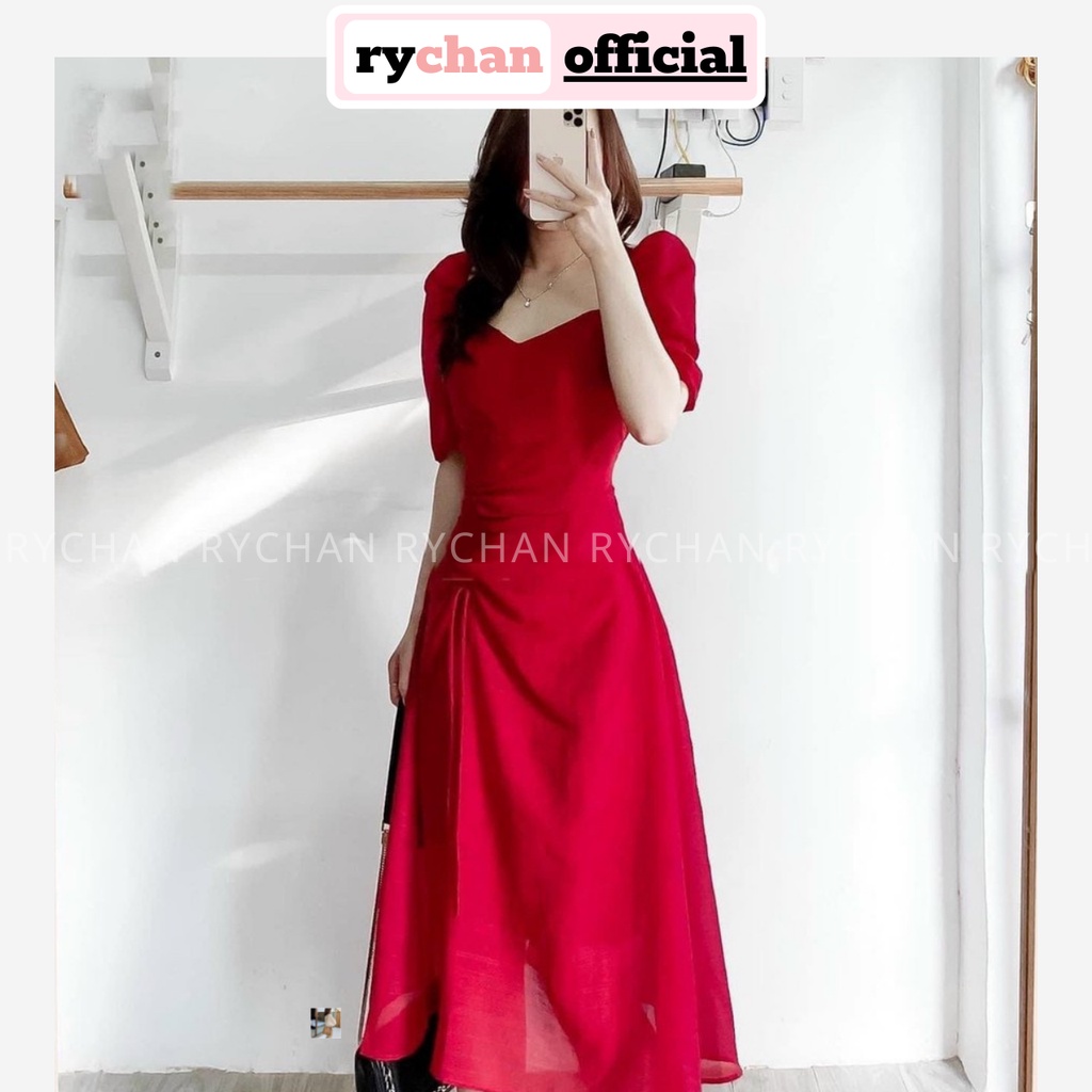 Đầm Xòe Midi Tay Phồng Rút Sườn 2 Màu Trắng Đỏ Sang Trọng [Ảnh Thật Cuối] - DX0071