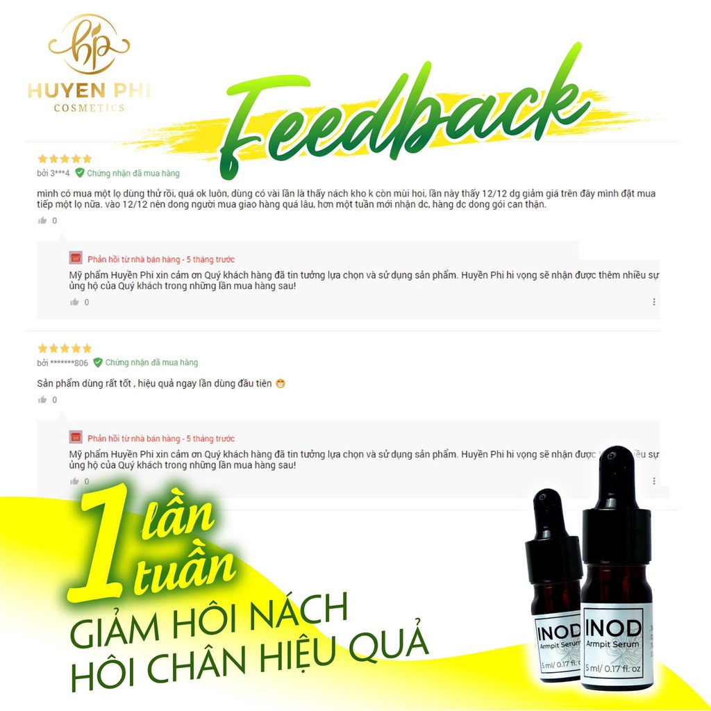 Serum hôi nách INOD Huyền Phi 5ml tác dụng triệt hôi nách, hôi chân, mồ hôi tay chân vĩnh viên