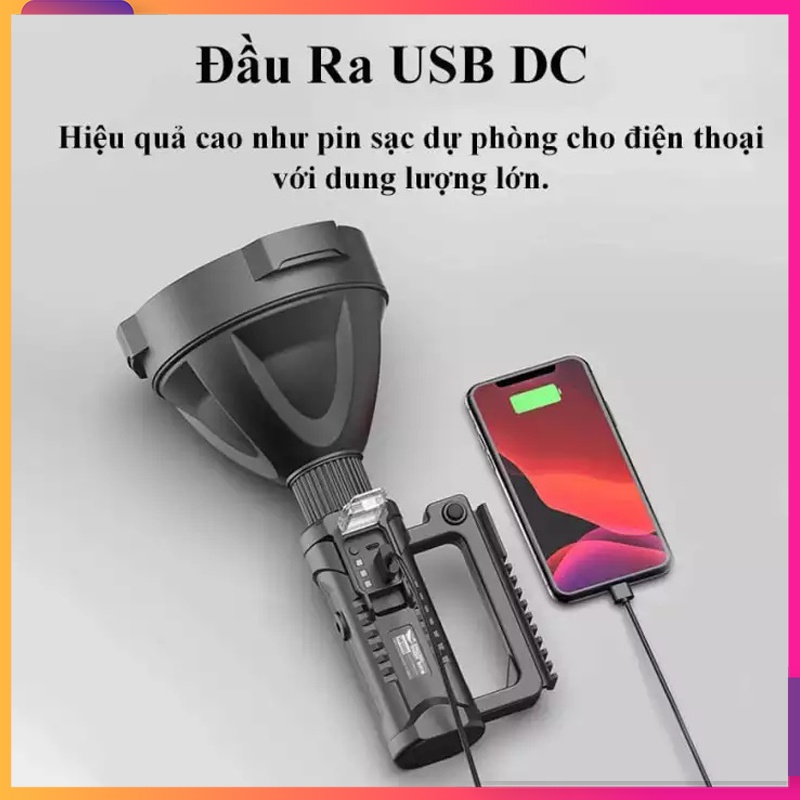 Đèn pin w591, Đèn pin siêu sáng chiếu xa trên 1000m, có chân đế, có cổng usb, chống nước, pin khủng