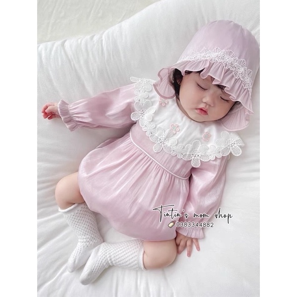 Sét body chíp đầy tháng/ thôi nôi dài tay cổ ren hoa kèm mũ Vlinder cho bé gái
