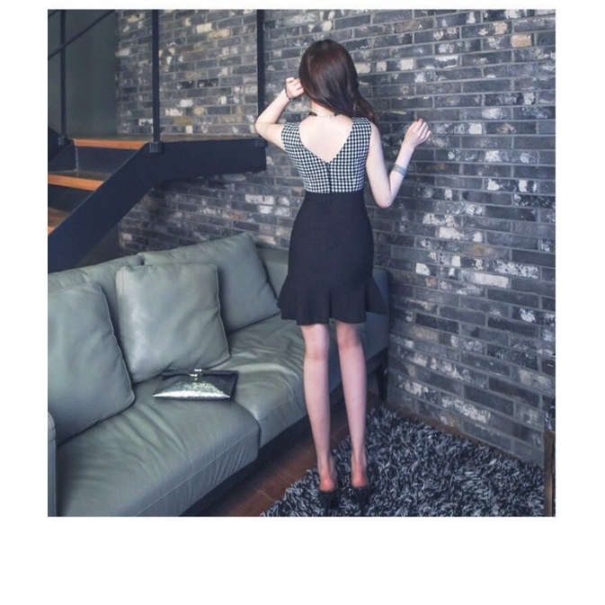 Đầm ôm dáng cổ xẻ V caro thời trang Hàn Quốc Lh0917399527
