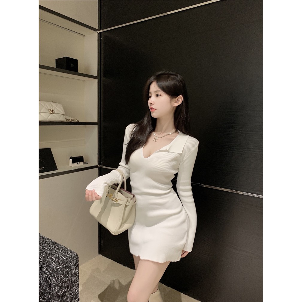 Váy len dệt kim dài tay thiết kế bó sát thời trang nữ phong cách gợi cảm tối giản hàng Quảng Châu 2021