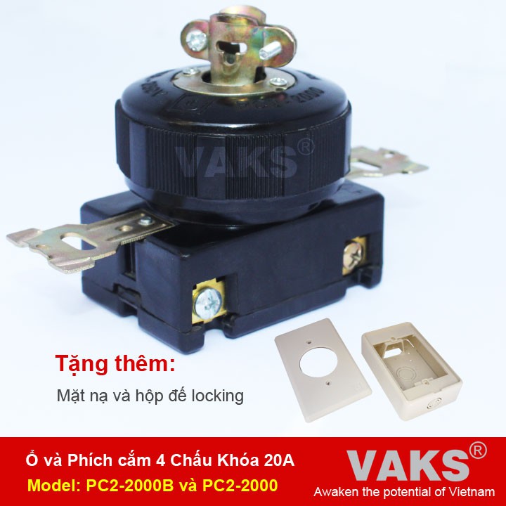 Bộ phích cắm  và ổ cắm locking  3 pha 4 chấu khóa 20A + tặng mặt nạ và hộp đế nổi