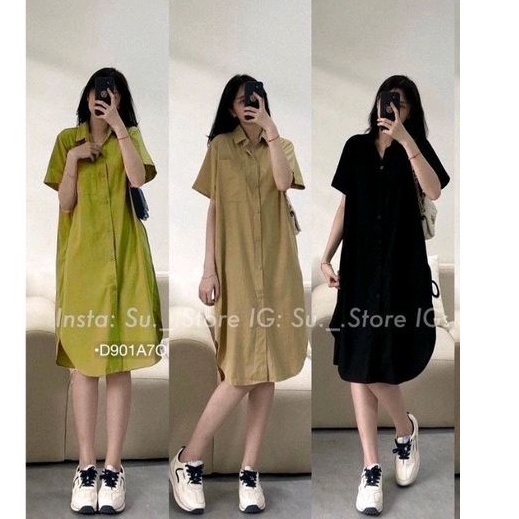 Đầm Sơ Mi Hàn Quốc Váy Suông Kiểu Sơ Mi Cộc Tay Form Rộng Vải Thô Mát Nhiều Màu