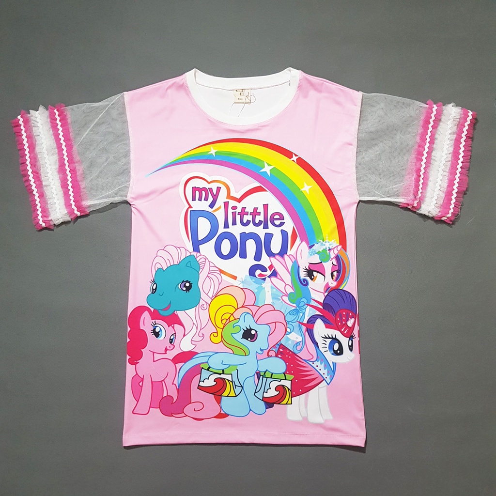 Đầm thun suông form rộng giấu quần họa tiết pony tay ren bé gái 25-55kg