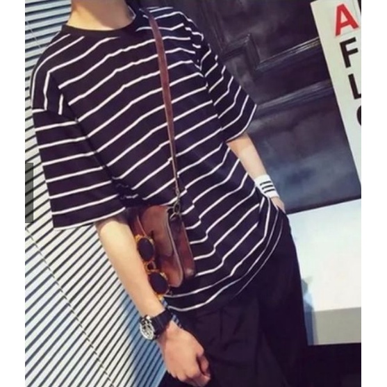 Áo Thun Nam Tay Lỡ Kẻ Ngang Vải Dày Mịn Thoáng Mát Phong Cách Hàn Quốc Đường May Tỉ Mỉ Màu Sắc Trẻ Trung