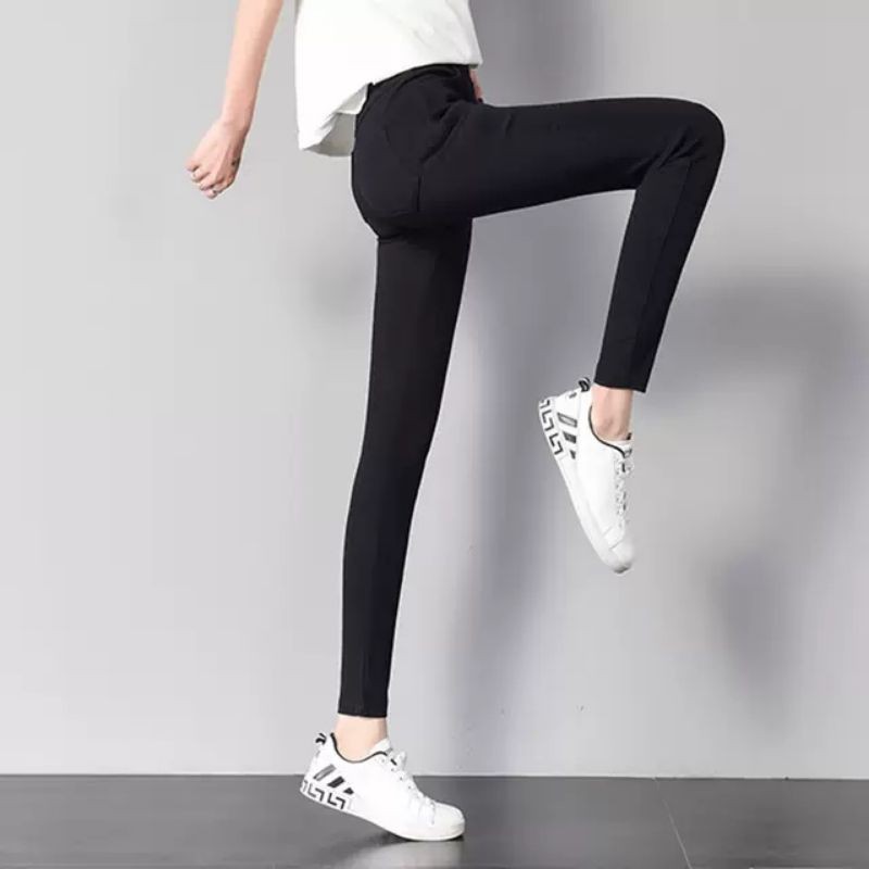 Quần legging nữ lưng cao co dãn 4 chiều Màu đen Quần cotton nâng mông cạp cao Mặc tập gym thể thao thể dục tôn dáng