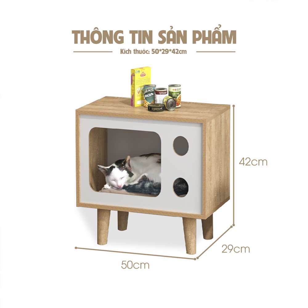 Nhà cho mèo, chuồng mèo gỗ giá rẻ mẫu tivi, thiết kế hiện đại, di chuyển linh hoạt  – SGP210