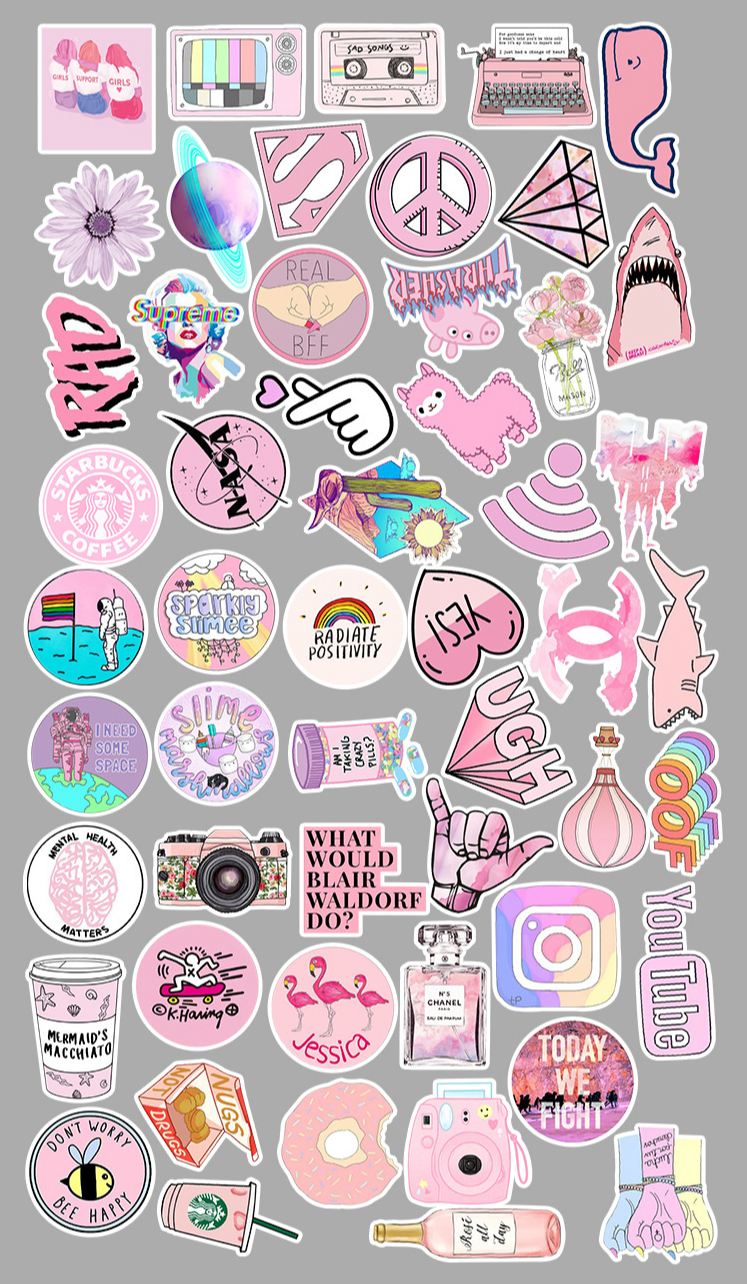 Set 53 Sticker cute họa tiết graffiti màu hồng chống thấm nước dễ thương trang trí laptop/vali