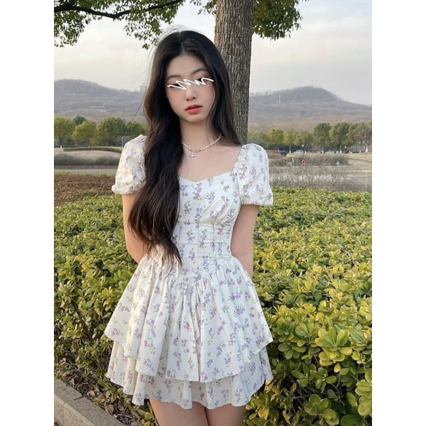 Đầm Hoa Tay Phồng Cổ Bẻ Thiết Kế Mới Thời Trang Mùa Hè Cho Nữ