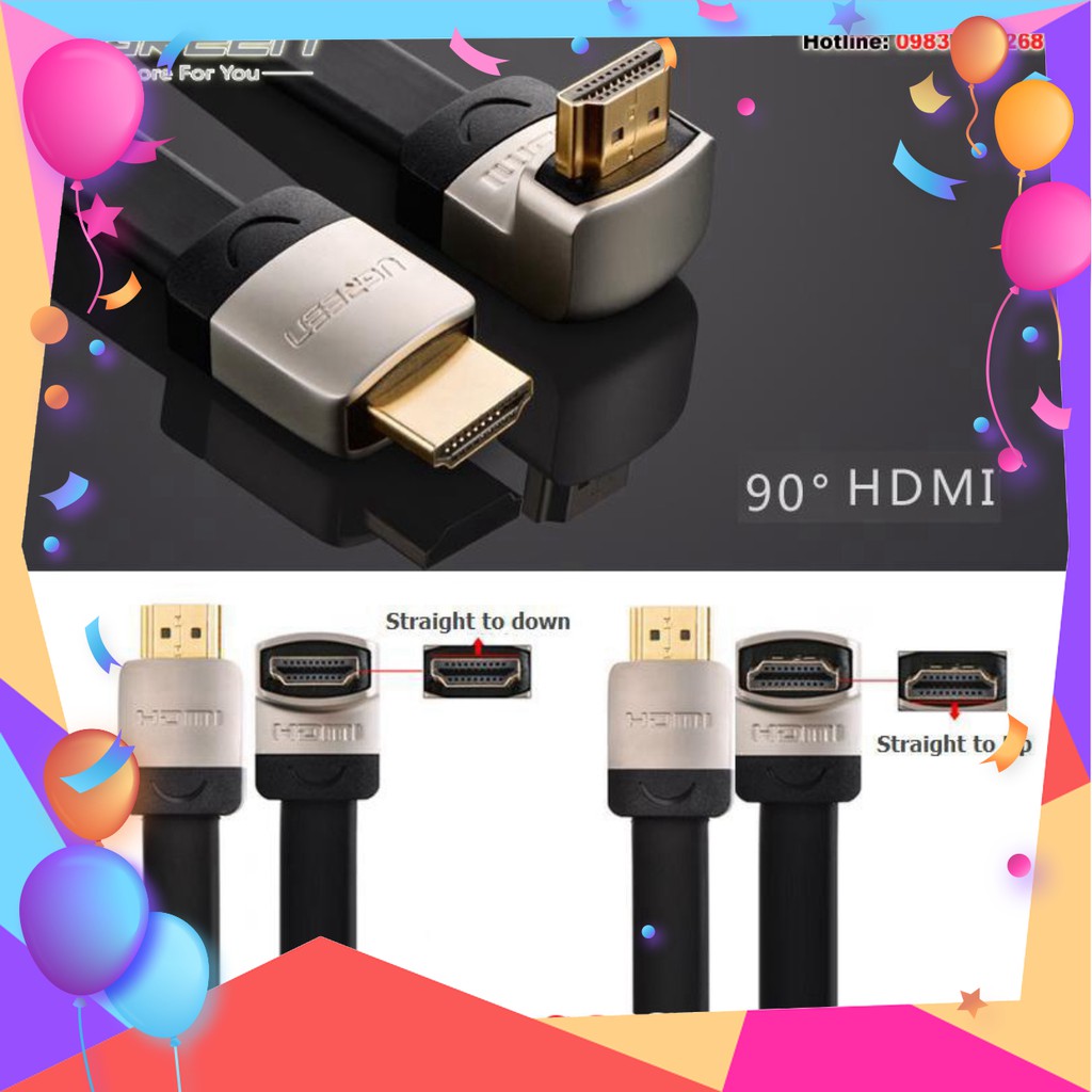 Cáp HDMI 2M dẹt nghiêng góc 90 độ chính hãng Ugreen 10279 hỗ trợ 3D 4K