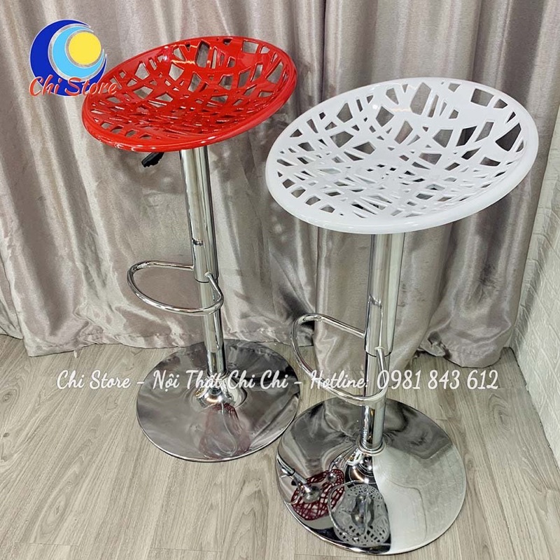 Ghế Quầy Bar, Ghế Chụp Hình, Livestream Mẫu Nhựa Lưới Chân Inox Điều Chỉnh Độ Cao 60-80cm Và Xoay 360 Độ