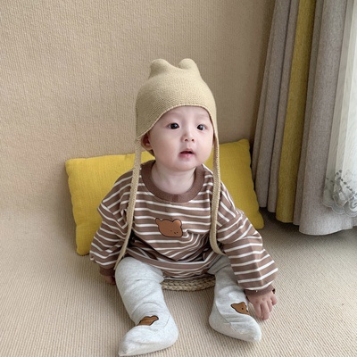 Bộ áo liền quần tay dài in hình gấu dễ thương thời trang mùa thu cho bé