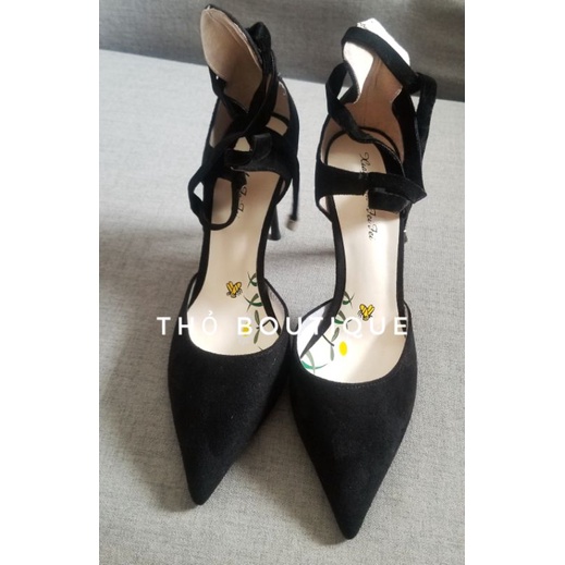 Giày cao gót chính hãng XYFF da lộn đen dây thắt chéo cổ chân 10cm size 36-37
