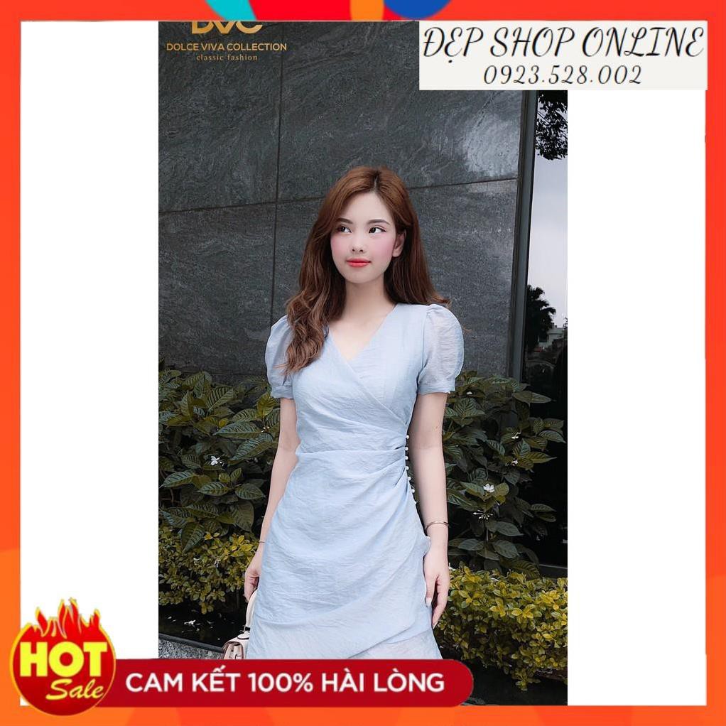 Freeship - Váy xanh xòe eo đính ngọc V1902 - Đẹp Shop DVC (Kèm ảnh thật trải sàn do shop tự chụp)