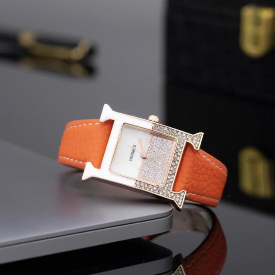 Đồng hồ nữ Hermes dây da mặt vuông đính đá cao cấp full box tặng hộp pishop - DHN02 Shop133