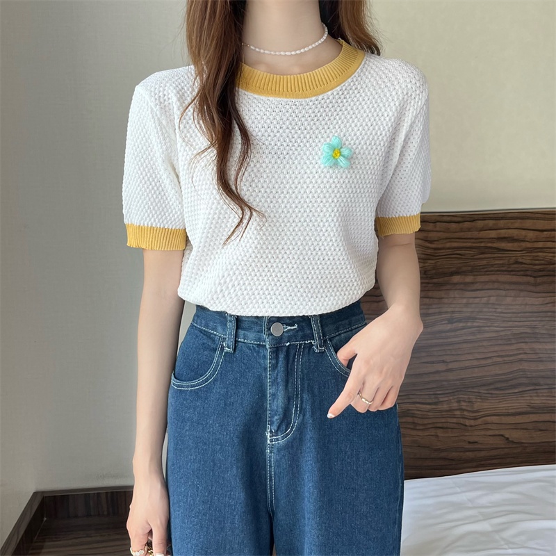 Áo thun dệt kim ZHELIHANGFEI tay ngắn thêu hoa xinh xắn thời trang