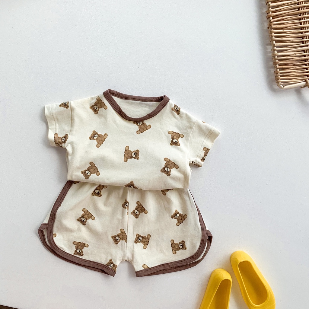 Bộ Áo Thun Tay Ngắn In Hình Gấu Hoạt Hình + Quần Short Thời Trang Mùa Hè Dành Cho Bé Sơ Sinh