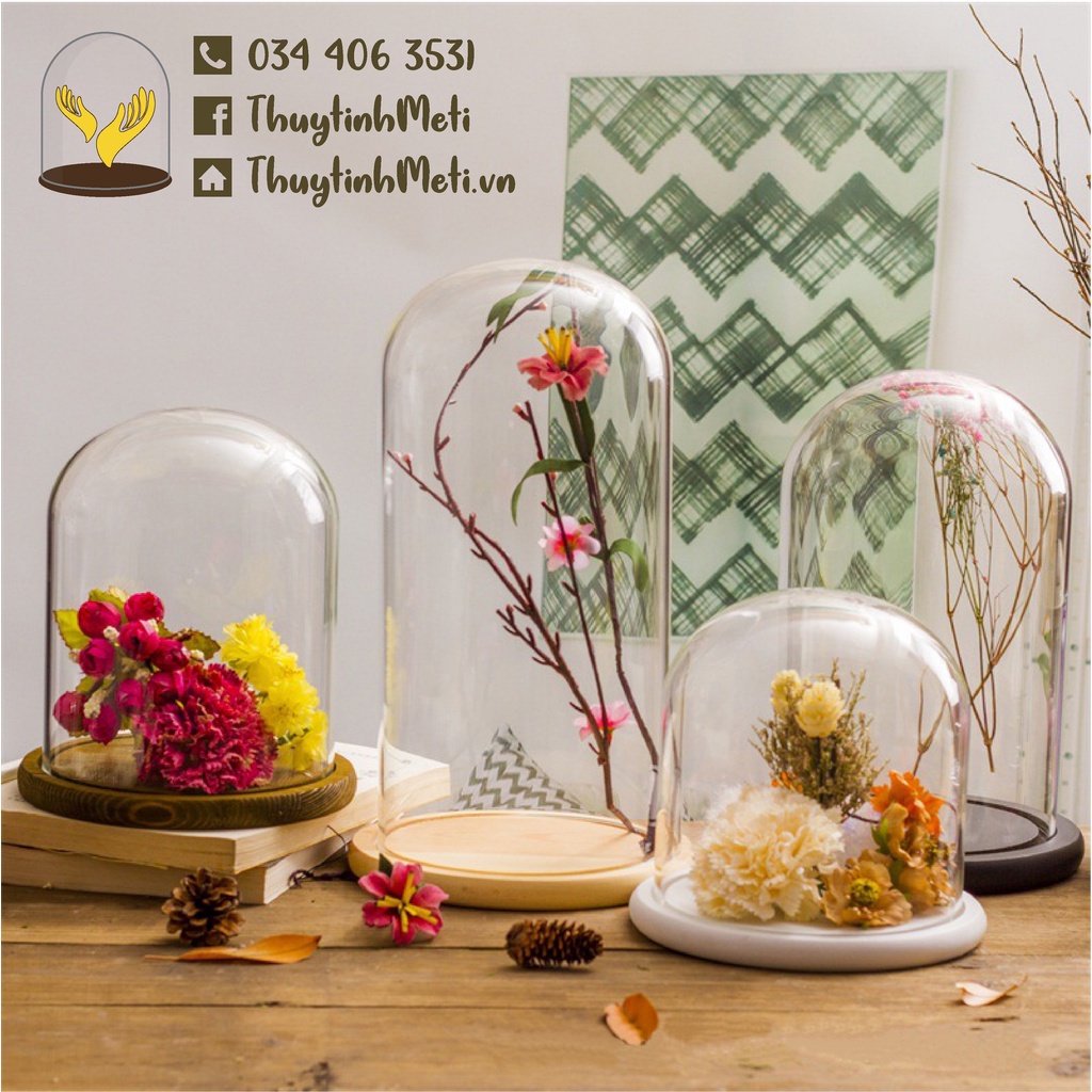 Chụp thủy tinh đế gỗ 20x30, kích thước tùy chỉnh theo yêu cầu