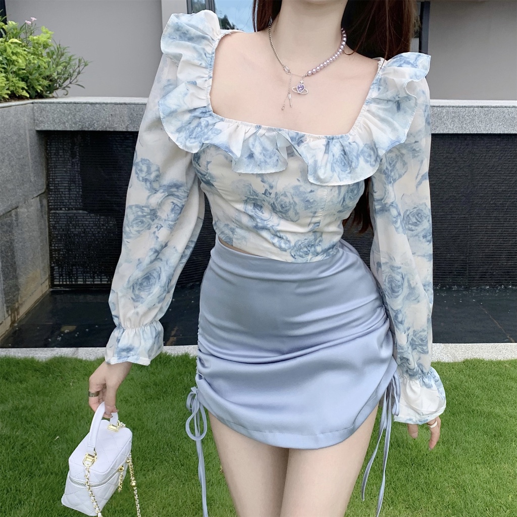 Áo Croptop Tay Phồng Dài Cổ Vuông Họa Tiết Tranh Sơn Dầu Thời Trang Cho Nữ