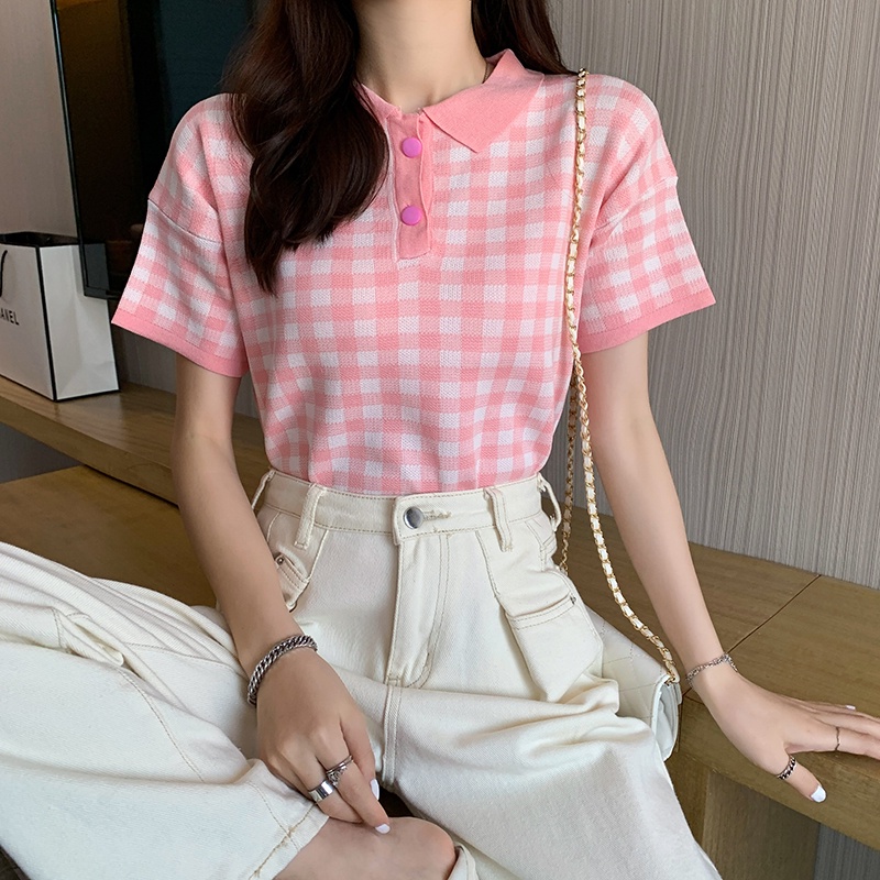 NZN Áo Dệt Kim Tay Ngắn Cổ Polo Họa Tiết Sọc Caro Phong Cách Hàn Quốc