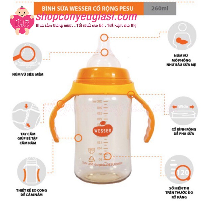 [Mẫu Mới] Bình Sữa Wesser PPSU Cổ Rộng 260ml - Kèm Núm Ti Size M, 4-6m