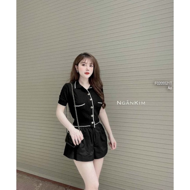 Áo len nút hai túi phối viền khác màu tay ngắn hàng Quảng Châu 0205