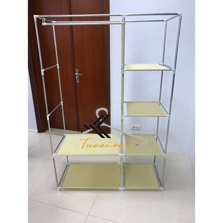 Tủ vải đựng quần áo cao cấp 2 buồng 6 ngăn và 3 buồng 8 ngăn khung gỗ và inox lắp ghép chắc chắn
