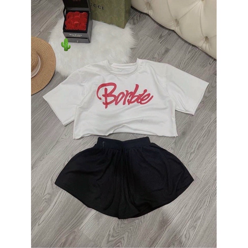 Sét bộ áo croptop form rộng in chữ babie phối quần đùi trơn cực xinh