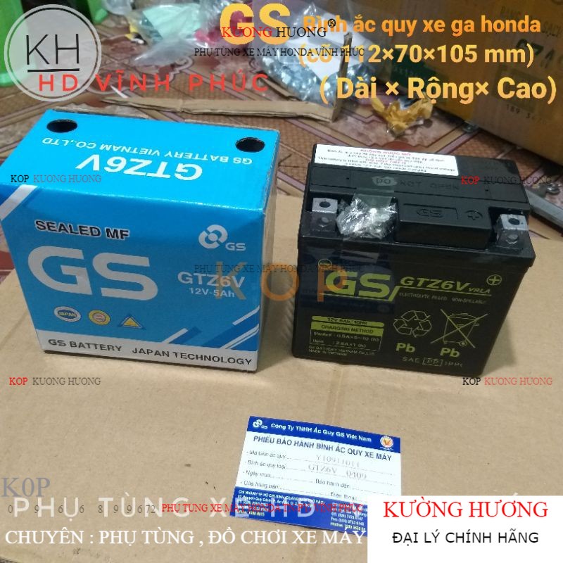 Bình Ắc Quy Khô GS GTZ6V (12V-5Ah) lắp xe ga honda và nhiều xe máy khác ( Bình khô Kích Cỡ 112×70×105 - Dài× rộng× cao)